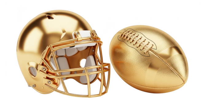 Golden American football helmet and ball graphic design