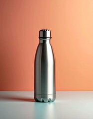Metallic water bottle against a gradient background