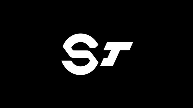 Stylized white 'ST' letters on black background, modern minimalist logo design, abstract monogram, typography graphic element