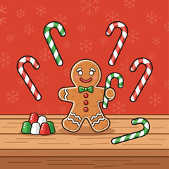 A cheerful gingerbread man holding a candy cane, surrounded by festive sweets and snowflakes, creating a delightful holiday illustration.