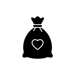 black and white symbol of a full sack tied at the top, featuring a cross or heart detail. Represents essential material aid, food donations, and basic supplies