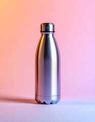 Metallic water bottle against a gradient background