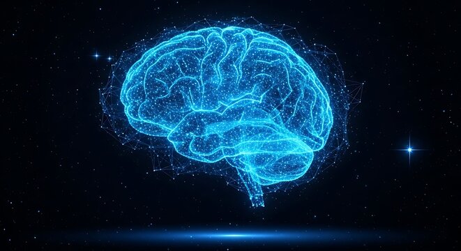 Glowing blue digital brain with neural network connections on dark background