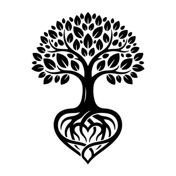 black and white symbol where tree roots form a nurturing heart shape, representing charity as a sustainable investment, life, and continuous growth. Ideal for International Day of Charity, environment