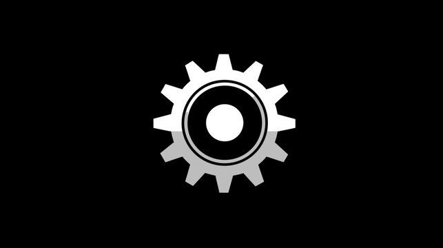 Shiny metallic gear wheel icon on black background. Represents settings, mechanics, cogwheel, engineering, industry, and customization concept.