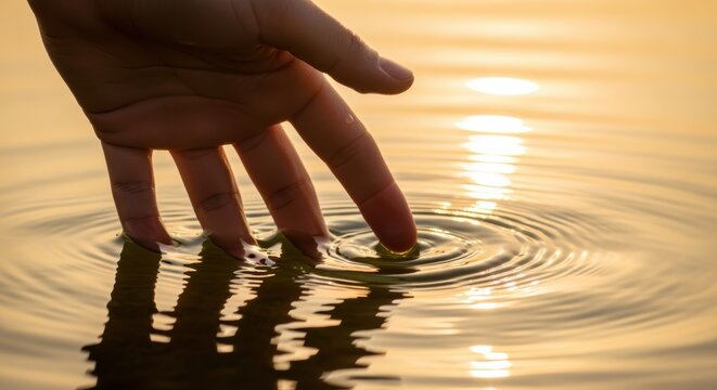 A gentle hand caresses the still water, creating ripples and reflecting the golden sunset. A tranquil scene connecting with nature.