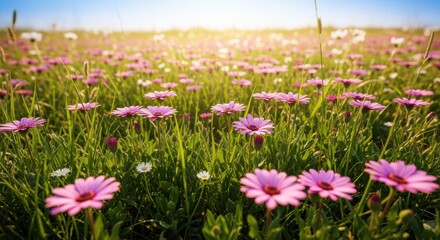Fototapeta premium A vibrant field of purple and white daisy-like flowers blooming under warm sunlight. The lush green foliage creates a serene, natural landscape that evokes tranquility and floral abundance.