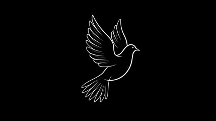 Obraz premium White outline dove flying on black background, symbol of peace, freedom, spirituality, hope, and purity