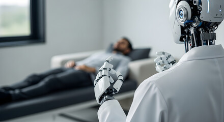 Rear view close-up of a robot therapist or doctor in a white lab coat consulting a man lying on a couch in a modern, minimalistic office environment
