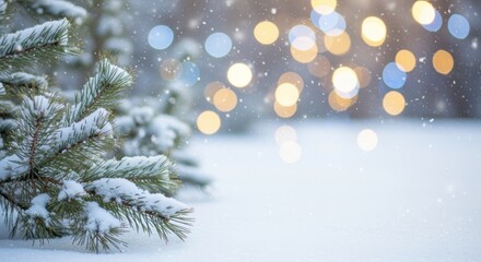 A snowy winter landscape with pine tree branches covered in snow and blurred, twinkling holiday lights in the background, creating a festive and cozy atmosphere.