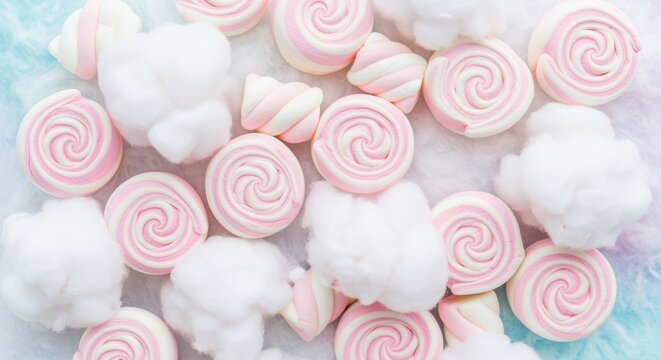 Soft, fluffy cotton candy in pastel pink and white swirls on a light blue and purple backdrop, creating a whimsical and sweet scene. - Powered by Adobe