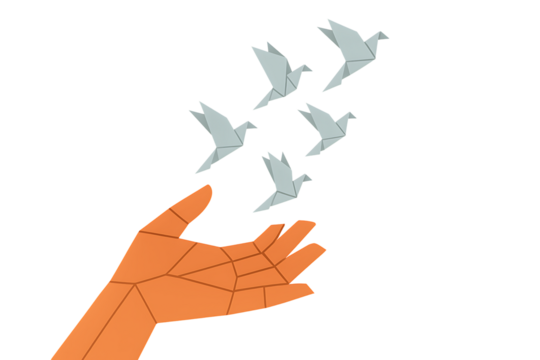 Hand releasing origami paper birds flying away, freedom, peace, hope, new beginnings, opportunity