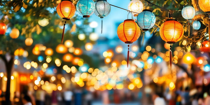 Colorful Paper Lanterns At A Traditional Asian Night Festival