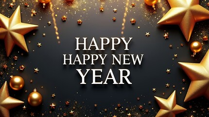 Sparkling golden stars and ornaments celebrate happy new year