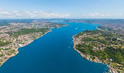 Istanbul, Turkey. Bosphorus maritime corridor between continents - breathtaking summer drone panorama. Aerial view