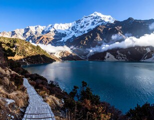 Obraz premium Serene lake view under snowy peaks