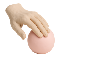 Clay hand touching light pink sphere on a clean white background, minimalist composition