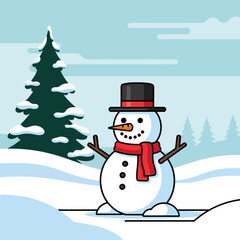 A cheerful snowman wearing a black hat and red scarf stands in a snowy landscape with evergreen trees, embodying the joy of the winter season.