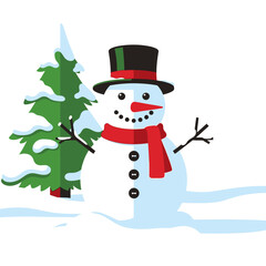 A cheerful snowman with a red scarf and black hat stands in the snow beside a frosted evergreen tree, embodying winter holiday spirit.