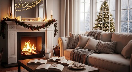 Fototapeta premium Cozy christmas living room with fireplace and decorated tree