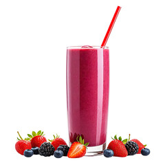 Berry smoothie with a red straw surrounded by fresh fruit
