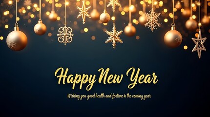 Elegant golden new year decorations and sparkling lights