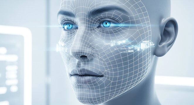 Future of AI featuring a stunning humanoid robot face with glowing eyes and digital grid overlay symbolizing advanced technology and innovation