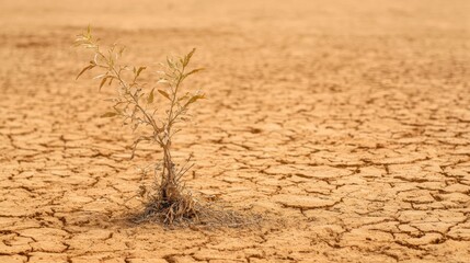 A lone, small plant growing in a cracked, dry field.