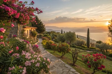 Scenic Hillside View With Blooming Flowers and Sunset Over the Ocean