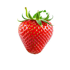 Isolated vibrant red strawberry, tiny seeds visible, green leafy top