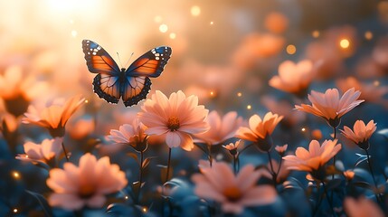 Butterfly hovering over orange flowers
