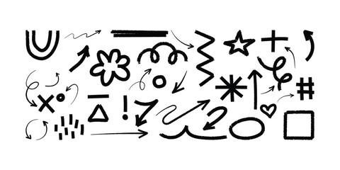 Bold Sketch Doodle Set. Stars, Arrows, Abstract Shapes, Expressive Marker Lines