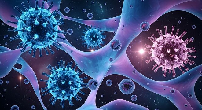 Microscopic view of glowing viruses infecting cells in a biological network