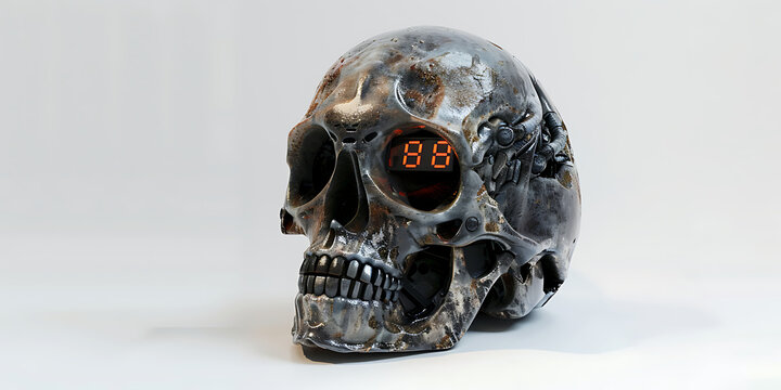 Dark, textured skull with glowing digital numbers in eye sockets against a white background