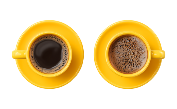 Overhead view of two vibrant yellow coffee cups showing contrasting brew textures isolated on transparent background - Powered by Adobe