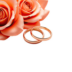Roses accent two interlocked gold wedding rings on a black backdrop