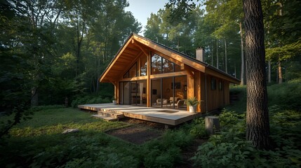 Luxury wooden cabin surrounded by dense green forest, large glass windows, warm sunlight, modern rustic architecture, peaceful nature atmosphere, ultra-realistic high.