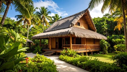 Tropical house in lush vegetation