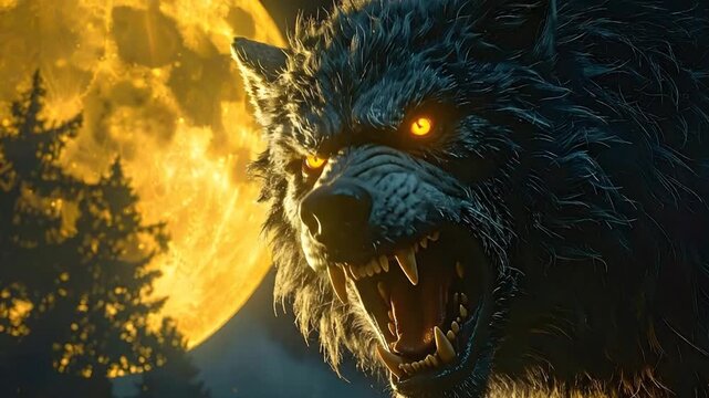 Intense Werewolf Against a Full Moon A Dramatic Display of Fangs and Fur