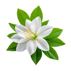 Elegant White flower blossom with green leaves on black background
