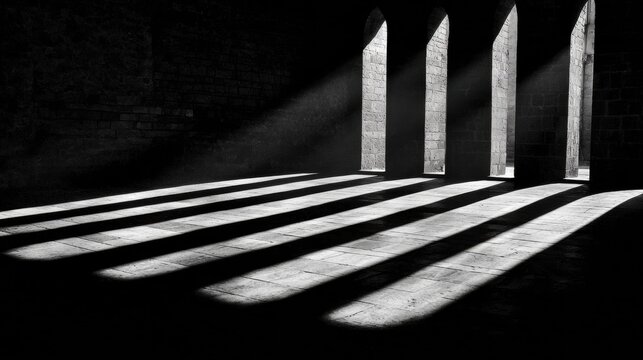 Black and White Photograph of a Room with Sunlight