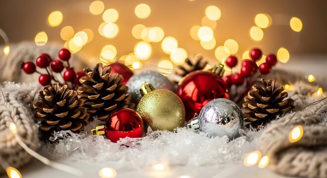 Cozy christmas scene with pine cones ornaments and warm bokeh lights