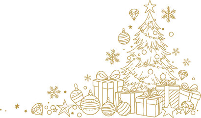 Golden Christmas tree with gift boxes and ornaments, elegant holiday decoration background, festive winter celebration illustration with snowflakes and stars