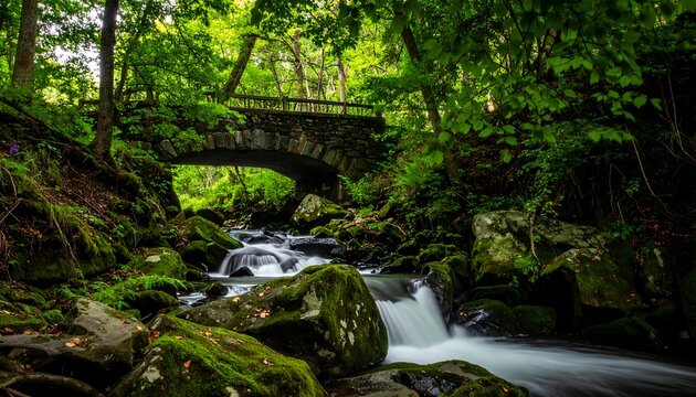 A stone bridge arches over a cascading river, surrounded by lush greenery