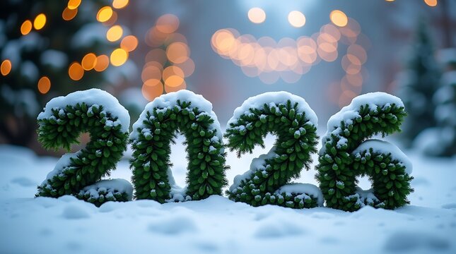 Snow covered evergreen numbers forming the year 2023 with festive bokeh lights