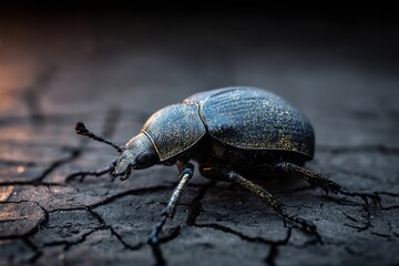 Naklejka premium iridescent beetle on cracked earth surface