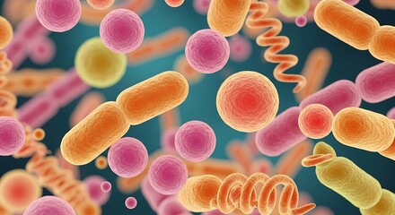 Microscopic view of diverse bacteria and microorganisms in vibrant colors