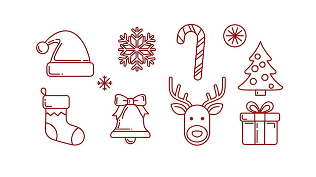 A collection of hand-drawn Christmas doodle icons including stockings, snowflakes, bells, candy canes, ornaments, and holiday gifts on a clean white background.