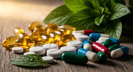 Natural supplements and herbal remedies on wooden surface with green leaves