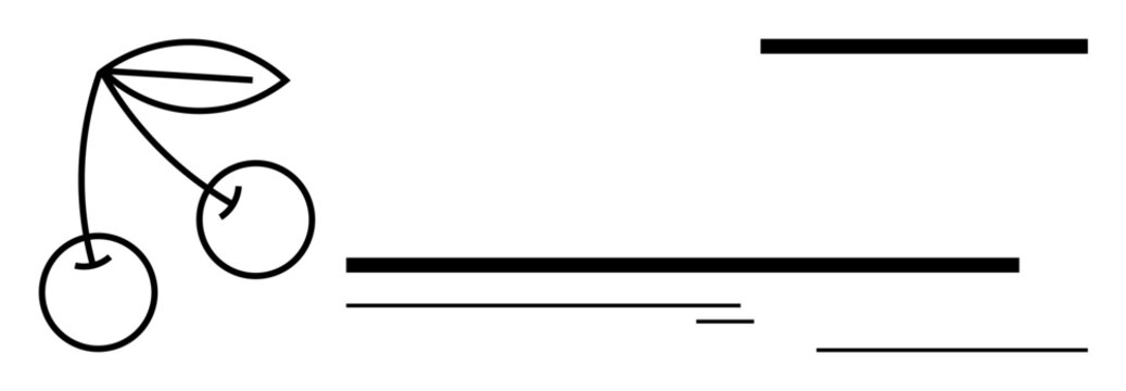 Two cherries with a single leaf connected by stems, drawn in a minimalist linear style. Ideal for branding, organic goods, simplicity, elegance, nature, modernity and clean visuals. A simple flat